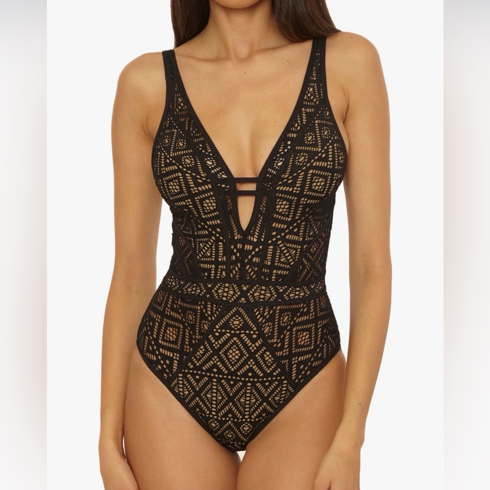 BECCA Black Keyhole One-Piece Swimsuit Crochet Plunge